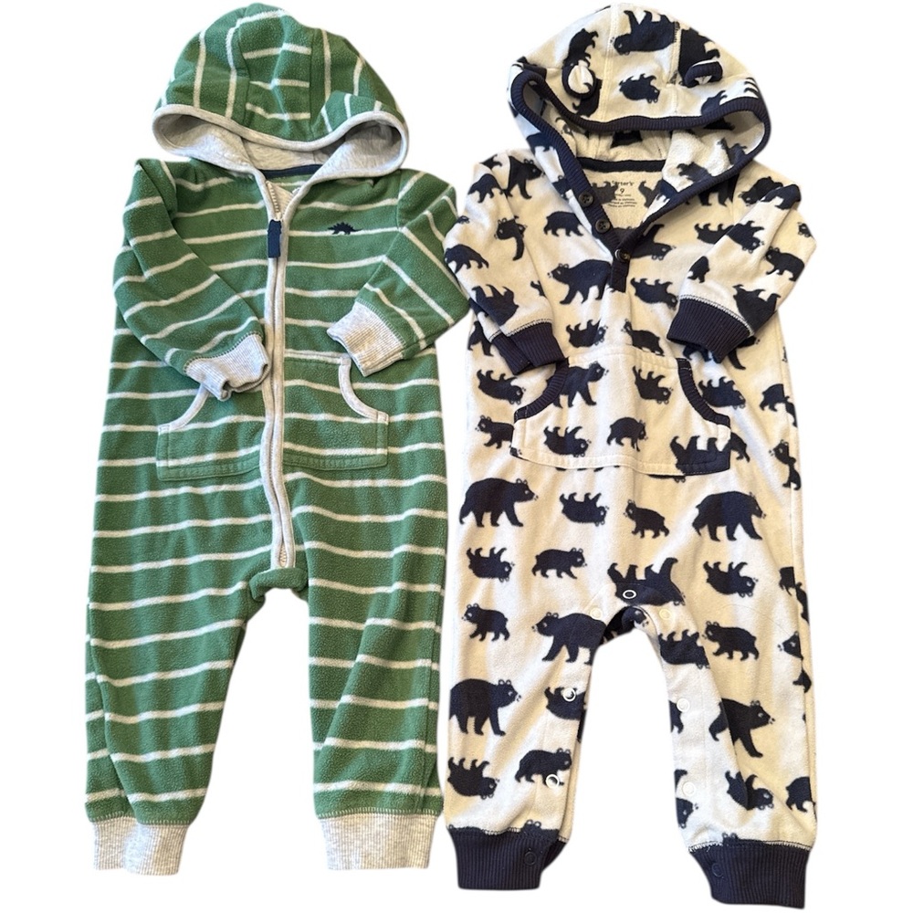 Carter's Navy & White and Green Striped Fleece Print Onesie, Warm Baby Pajamas